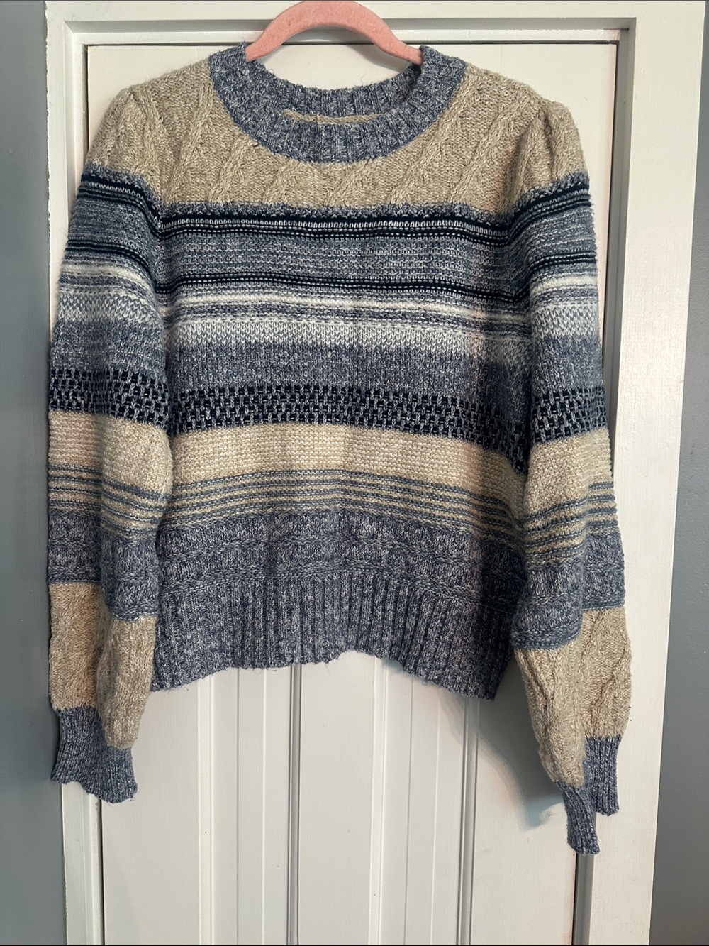 a.n.a Striped Cable Knit Crewneck Sweater Blue Beige Size L